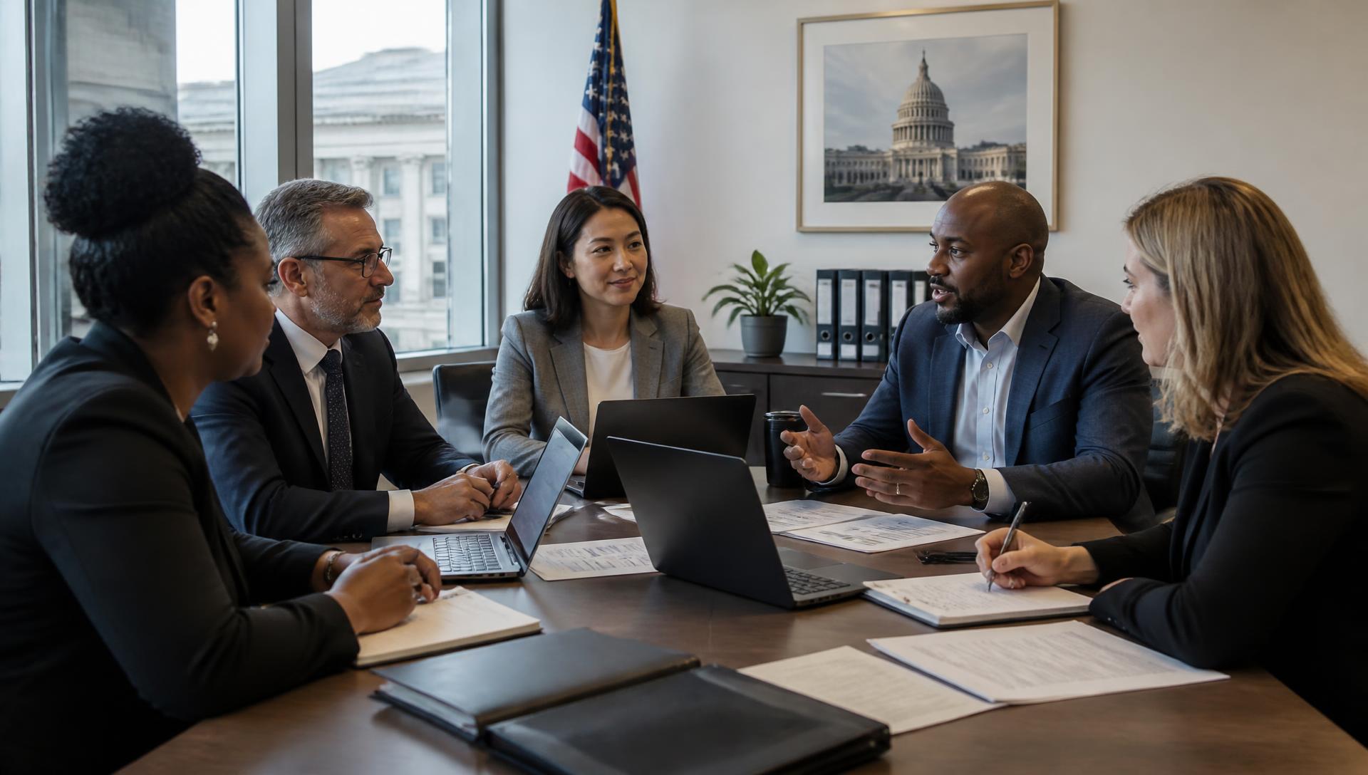 Procurement and contracting team reviewing vendor documentation in a meeting