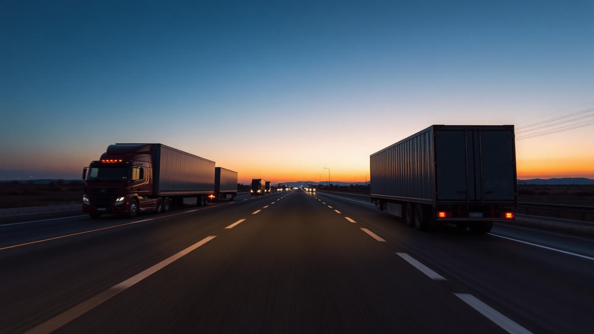 Freight trucks on a highway at dusk